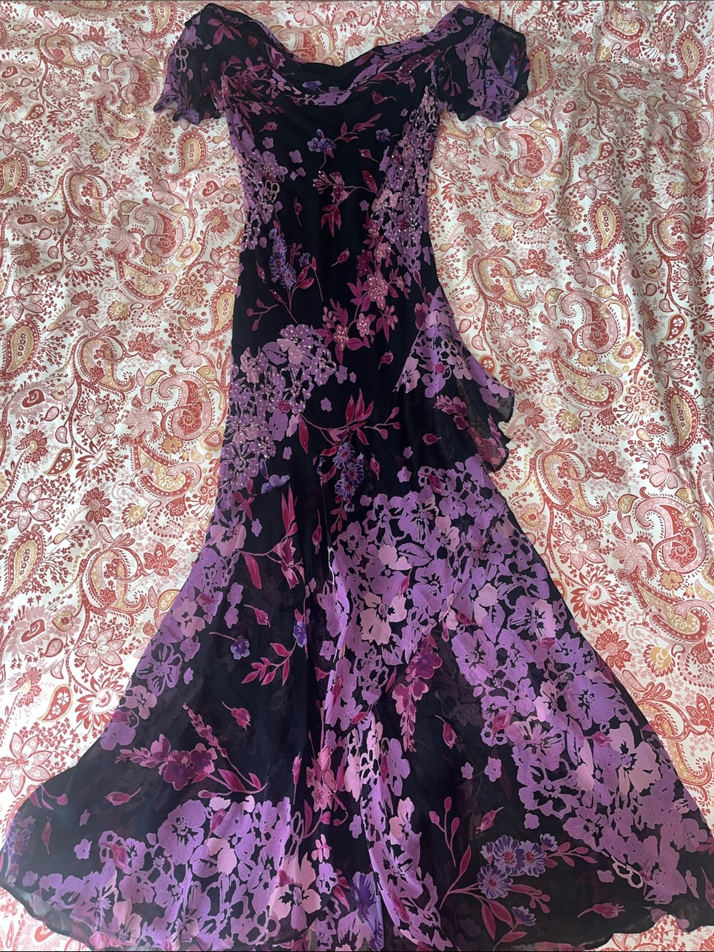 90s whimsigoth vintage purple floral beaded maxi dress
